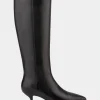 Comfortable Women's Knee High Point Toe Kitten Heel Boot in Black Leather Leather