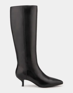 Comfortable Women's Knee High Point Toe Kitten Heel Boot in Black Leather Leather