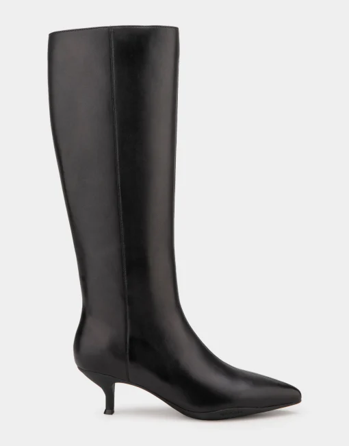 Comfortable Women's Knee High Point Toe Kitten Heel Boot in Black Leather Leather