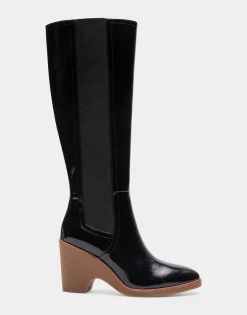 Comfortable Women's Knee High Sculpted Wedge Almond Toe Boot in Black Crinkled Patent Faux Leather