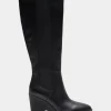 Comfortable Women's Knee High Sculpted Wedge Almond Toe Boot in Black Leather