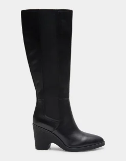Comfortable Women's Knee High Sculpted Wedge Almond Toe Boot in Black Leather