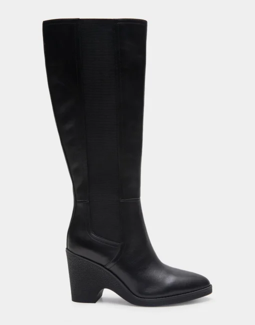 Comfortable Women's Knee High Sculpted Wedge Almond Toe Boot in Black Leather
