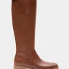 Comfortable Women's Knee High Mini Organic Mono Link Buckle Equestrian Boot in Tan Faux Leather Faux Leather