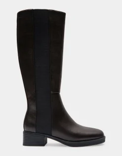 Comfortable Women's Knee High Elastic Inset Equestrian Boot in Java Grainy Faux Leather Faux Leather