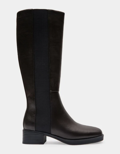 Comfortable Women's Knee High Elastic Inset Equestrian Boot in Java Grainy Faux Leather Faux Leather