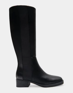 Comfortable Women's Knee High Elastic Inset Equestrian Boot in Black Grainy Faux Leather Faux Leather