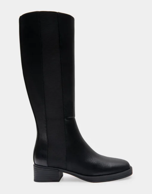 Comfortable Women's Knee High Elastic Inset Equestrian Boot in Black Grainy Faux Leather Faux Leather