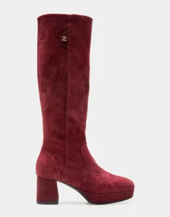 Comfortable Women's Knee High Platform Boot in Burgundy Kid Suede