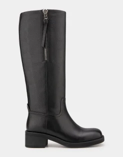 Comfortable Women's Knee High Pull On Clean Moto Boot in Black Pebbled Leather Leather