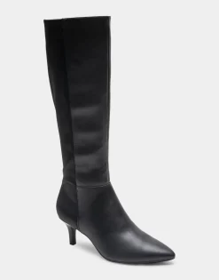 Comfortable Women's Knee High Kitten Heel Point Toe Boot in Black Faux Leather Faux Leather