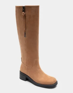 Comfortable Women's Knee High Pull On Clean Moto Boot in Camel Pebbled Nubuck Leather
