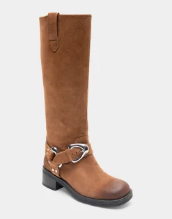 Comfortable Women's Knee High Squared Toe Engineer Boot in Tobacco Suede