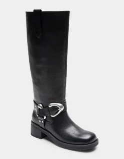 Comfortable Women's Knee High Squared Toe Engineer Boot in Black Waxy Leather