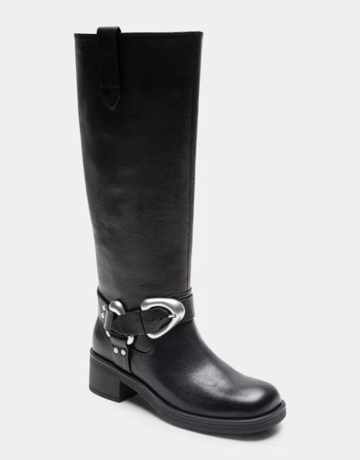 Comfortable Women's Knee High Squared Toe Engineer Boot in Black Waxy Leather