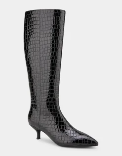 Comfortable Women's Knee High Point Toe Kitten Heel Boot in Black Jelly Croco Croco Faux Leather