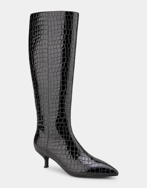 Comfortable Women's Knee High Point Toe Kitten Heel Boot in Black Jelly Croco Croco Faux Leather