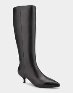 Comfortable Women's Knee High Point Toe Kitten Heel Boot in Black Leather Leather