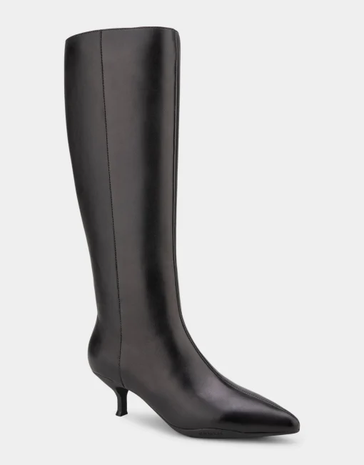 Comfortable Women's Knee High Point Toe Kitten Heel Boot in Black Leather Leather