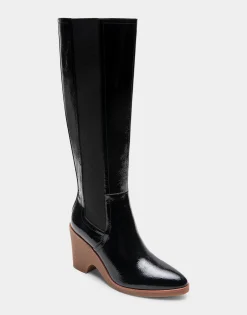Comfortable Women's Knee High Sculpted Wedge Almond Toe Boot in Black Crinkled Patent Faux Leather