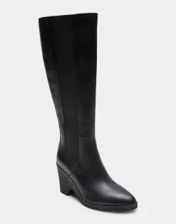 Comfortable Women's Knee High Sculpted Wedge Almond Toe Boot in Black Leather
