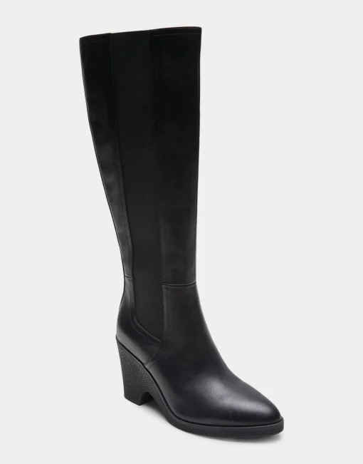 Comfortable Women's Knee High Sculpted Wedge Almond Toe Boot in Black Leather