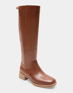 Comfortable Women's Knee High Mini Organic Mono Link Buckle Equestrian Boot in Tan Faux Leather Faux Leather