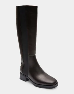 Comfortable Women's Knee High Elastic Inset Equestrian Boot in Java Grainy Faux Leather Faux Leather