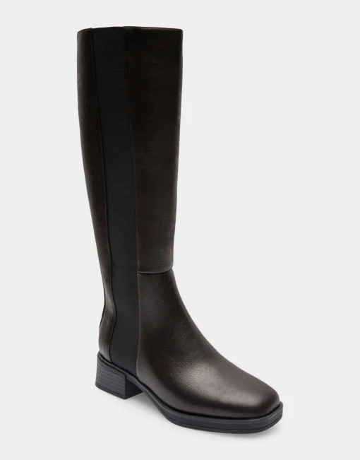 Comfortable Women's Knee High Elastic Inset Equestrian Boot in Java Grainy Faux Leather Faux Leather