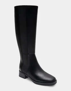 Comfortable Women's Knee High Elastic Inset Equestrian Boot in Black Grainy Faux Leather Faux Leather