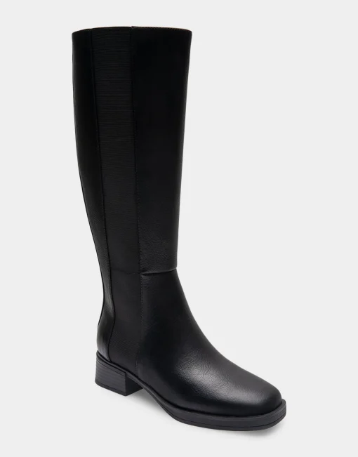Comfortable Women's Knee High Elastic Inset Equestrian Boot in Black Grainy Faux Leather Faux Leather