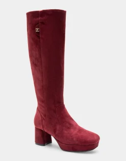 Comfortable Women's Knee High Platform Boot in Burgundy Kid Suede