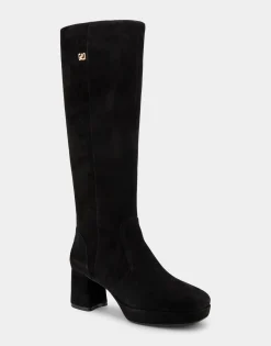Comfortable Women's Knee High Platform Boot in Black Suede