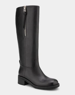 Comfortable Women's Knee High Pull On Clean Moto Boot in Black Pebbled Leather Leather