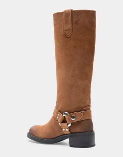 Comfortable Women's Knee High Squared Toe Engineer Boot in Tobacco Suede