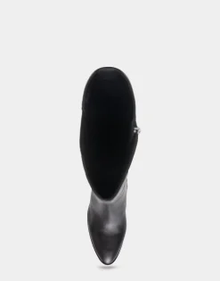 Comfortable Women's Knee High Sculpted Wedge Almond Toe Boot in Black Leather