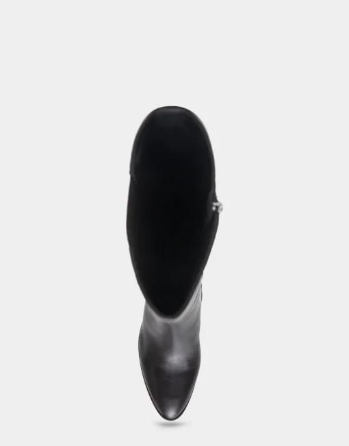 Comfortable Women's Knee High Sculpted Wedge Almond Toe Boot in Black Leather