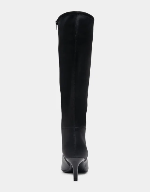 Comfortable Women's Knee High Kitten Heel Point Toe Boot in Black Faux Leather Faux Leather