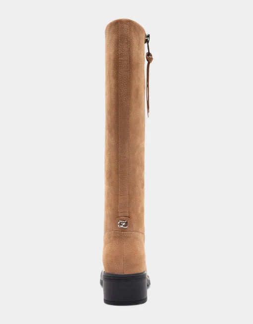 Comfortable Women's Knee High Pull On Clean Moto Boot in Camel Pebbled Nubuck Leather