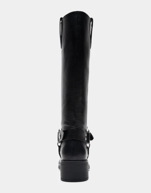 Comfortable Women's Knee High Squared Toe Engineer Boot in Black Waxy Leather
