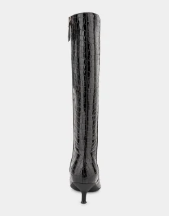 Comfortable Women's Knee High Point Toe Kitten Heel Boot in Black Jelly Croco Croco Faux Leather