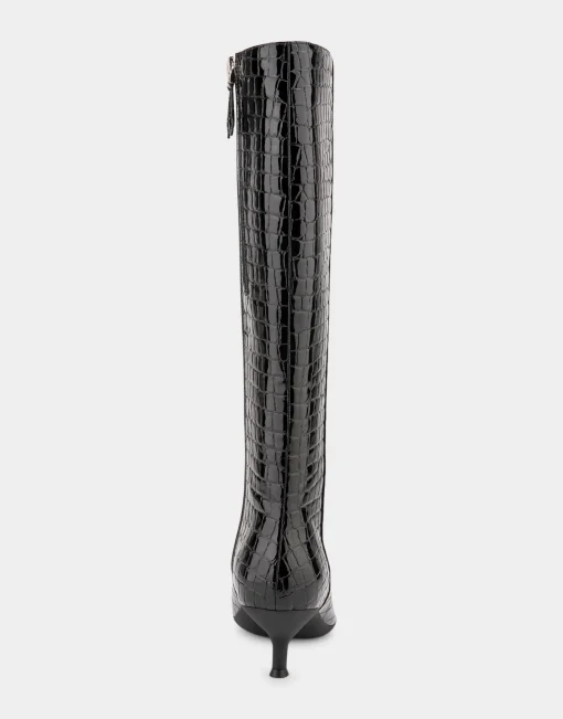 Comfortable Women's Knee High Point Toe Kitten Heel Boot in Black Jelly Croco Croco Faux Leather