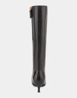 Comfortable Women's Knee High Point Toe Kitten Heel Boot in Black Leather Leather