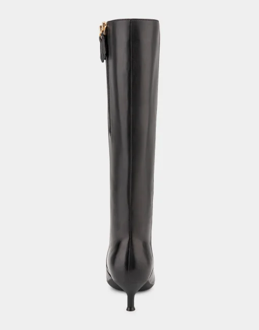 Comfortable Women's Knee High Point Toe Kitten Heel Boot in Black Leather Leather