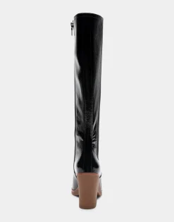 Comfortable Women's Knee High Sculpted Wedge Almond Toe Boot in Black Crinkled Patent Faux Leather