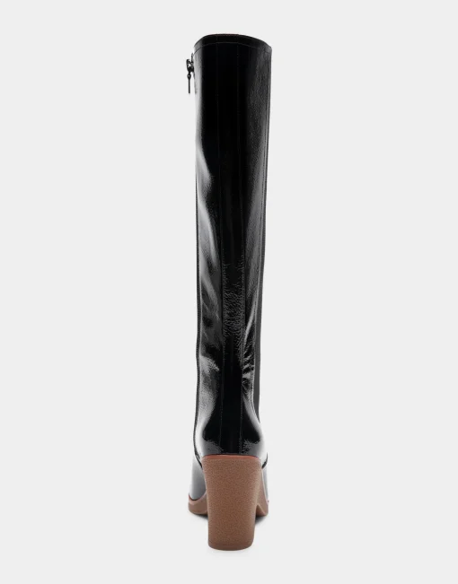 Comfortable Women's Knee High Sculpted Wedge Almond Toe Boot in Black Crinkled Patent Faux Leather