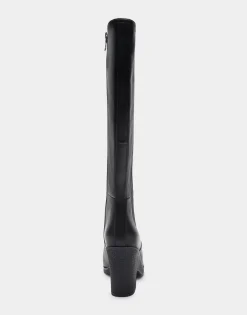 Comfortable Women's Knee High Sculpted Wedge Almond Toe Boot in Black Leather