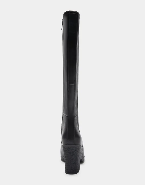 Comfortable Women's Knee High Sculpted Wedge Almond Toe Boot in Black Leather