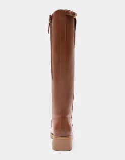 Comfortable Women's Knee High Mini Organic Mono Link Buckle Equestrian Boot in Tan Faux Leather Faux Leather
