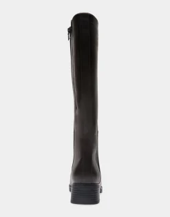 Comfortable Women's Knee High Elastic Inset Equestrian Boot in Java Grainy Faux Leather Faux Leather